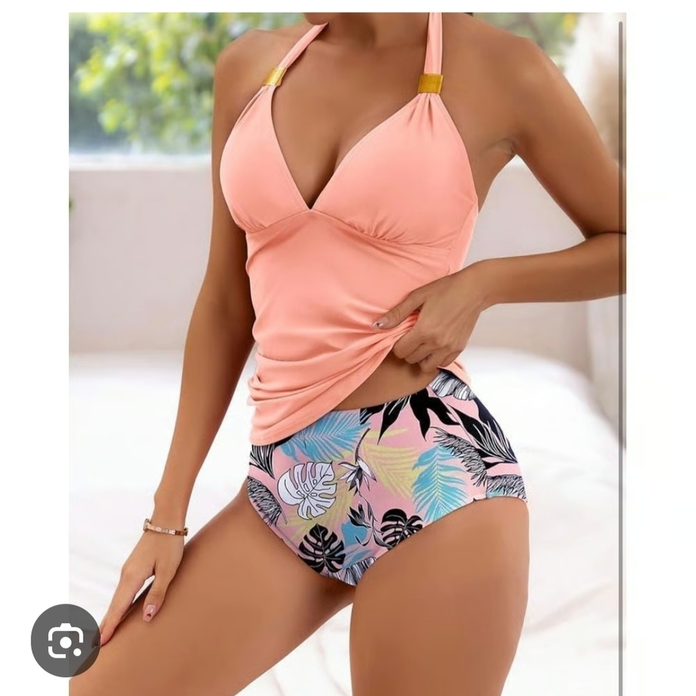 Peach Halter Neck Swim Top with Tropical Print Bottom